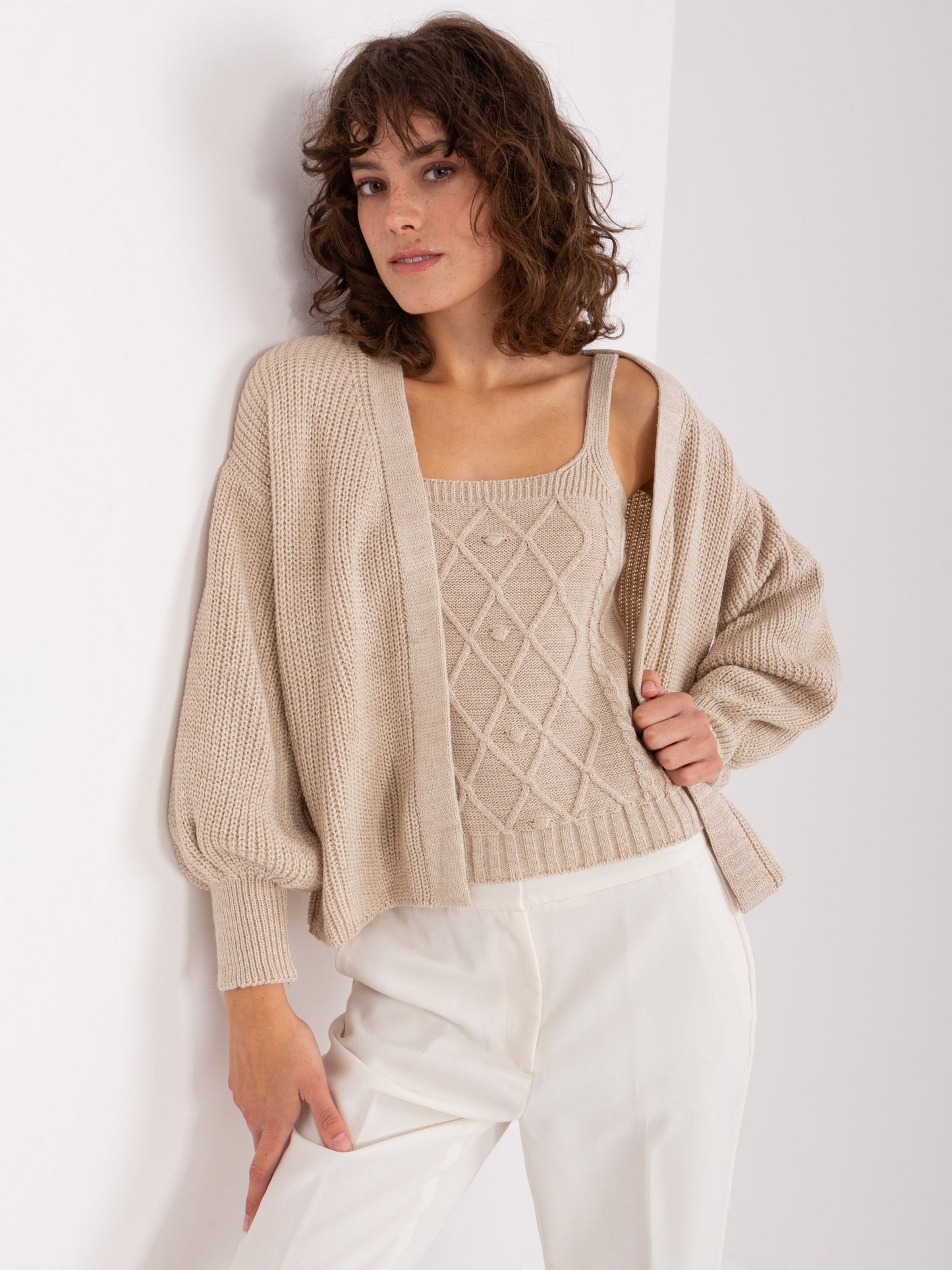 High Waist Pullover Set - Beige